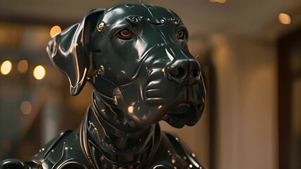 Leinwandbilder - This robot dog stands in front of a modern building. Robot Dog Standing in Front of Building
