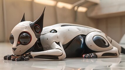 Leinwandbilder - This robot cat is lying down on the floor. Robot cat Laying Down on Floor