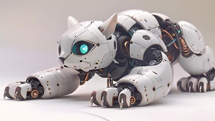 Leinwandbilder - This White robot with blue eyes resting on a white surface. White Robot With Blue Eyes Laying on White Surface