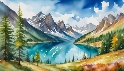 Wall Mural - Watercolor painting of mountain landscape with blue lake. Beautiful natural scenery. Hand drawn art