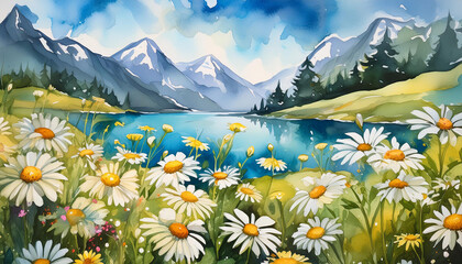 Wall Mural - Watercolor painting of mountain landscape with blooming flowers and blue lake. Natural scenery