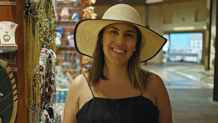 Wall Mural - Smiling woman wearing a sunhat in a dubai souk market surrounded by traditional arab craftsmanship items.