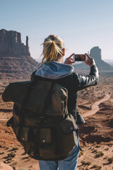 Wall Mural - back view of female with backpack photographing scenery landscape of monument valley using smartphon