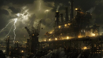 Canvas Print - In the heart of a stormy night, colossal machinery stands resolute, illuminated by lightning, showcasing the power and resilience of industrial innovation