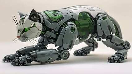Leinwandbilder - This robot cat in a standing position on a plain white surface. Robot Cat Standing on White Surface