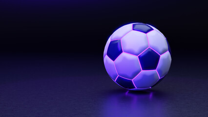 Soccer ball or football with futuristic purple glowing neon lights on a dark background with copy space. Neon soccer ball, football player, virtual sportive game. Championship concept. 3d rendering