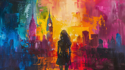 Abstract oil painting of a woman standing in front of a famous city landmark, with bright colors and dynamic composition