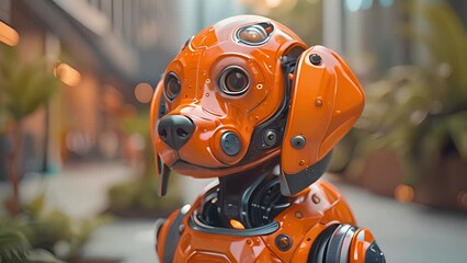 Poster - This orange robot stands tall amidst the busy cityscape. Futuristic robotic dog