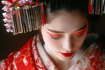 Wall Mural - A woman wearing a red and white kimono with red lipstick and red hair