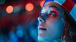 © Photolife   - portrait of a beautiful fan of the French national team with the colors of the team on her face and clothes. fan of the French national team