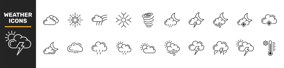 set of 20 weather web icons in line style. weather , clouds, sunny day, moon, snowflakes, wind, sun 