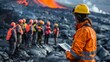 © Samon - Volcano monitoring expedition Side view of geology students equipped with safety gear observing and collecting data near an active volcano  Lava Learn  Cybernetic tone  Monochromat