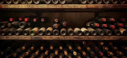 Resting wine bottles stacked on wooden racks in cellar