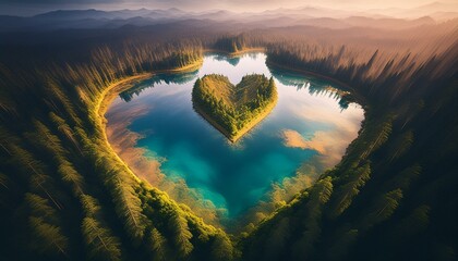 Wall Mural - a close up of a heart shaped lake in the middle of a forest, soaring over a lake in forest, 