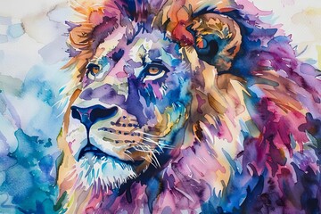 Wall Mural - majestic lion portrait in vibrant watercolors wild african animal painting