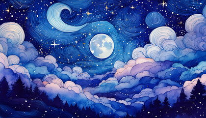 Wall Mural - Watercolor painting of whimsical blue night sky with clouds and moon. Abstract natural scenery.