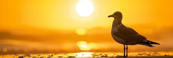 Wall Mural - A seagull stands on the sandy beach under the golden light of the setting sun.