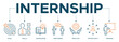 © hajicon - internship concept  illustration banner with keywords and icons of goal, skills, knowledge, mentoring, practice, opportunity, and training