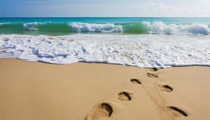 Wall Mural - footprints on tropical beach and beautiful wave