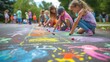 © Summit Art Creations - A happy group of children are engaging in leisurely sports and recreation by sitting on the ground, drawing with chalk. AIG41