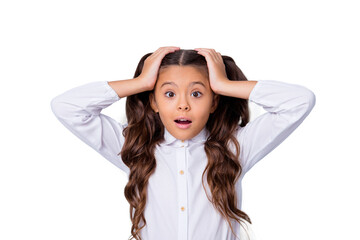 Canvas Print - Ready to new school year? Nice cute tender adorable lovely stylish worried girl with curly pigtails in white formal blouse shirt, showing oops gesture. Isolated over grey background