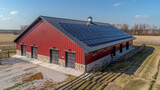 Fototapeta Mapy - Farm house with solar paneled rooftop. Sustainable energy. Eco friendly, environmental friendly. Solar energy. Renewable energy. Natural resources. 