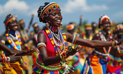 Poster - A group of african women in vibrant costumes dancing energetically at an Africa Day celebration, poster