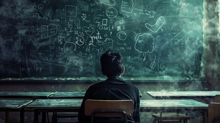 Canvas Print - A man sitting in front of a blackboard in a classroom