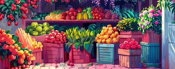 Wall Mural - A colorful market with a variety of fruits and vegetables. Scene is cheerful and inviting