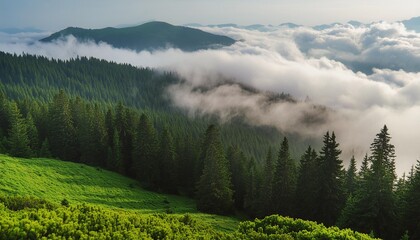 Wall Mural - a lush green forest filled with lots of trees and a lush green hillside covered in fog and low lying clouds above a forest filled with lots of tall pine trees