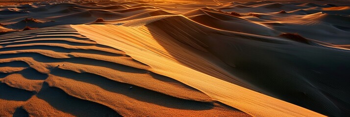 Wall Mural - Dramatic shadows and golden light on vast desert dunes at dusk.