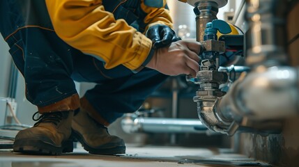 Wall Mural - Plumber Inspecting Drains: At a commercial building, a plumber uses specialized equipment to inspect drains and clear any blockages, ensuring the plumbing system functions smoothly 