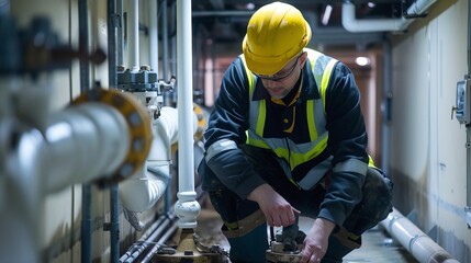 Wall Mural - Plumber Inspecting Drains: At a commercial building, a plumber uses specialized equipment to inspect drains and clear any blockages, ensuring the plumbing system functions smoothly 