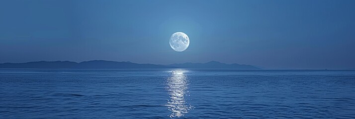 Wall Mural - A full moon casts a serene glow over a calm ocean, creating a peaceful night scene.