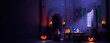 © RocknRoller Studios - Jack O' Lanterns in Low Polygon Medieval Room. Halloween background with copy-space.