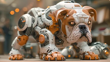 Aufkleber - This robot bulldog stands on a wooden floor. Robot Bulldog Standing on Wooden Floor