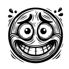 A crazy and funny smiley face in black and white, perfect for emotional expression illustrations, cartoons, humorous designs, and versatile creative projects