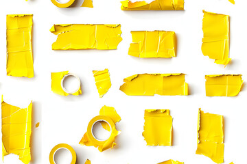 set of yellow tapes on white background torn horizontal and different size yellow sticky tape adhesive pieces AI