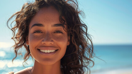 Wall Mural - A beautiful mixed race woman is smiling and posing on the beach, wearing casual linen with her hair in loose waves as she gently touches it under a clear blue sky