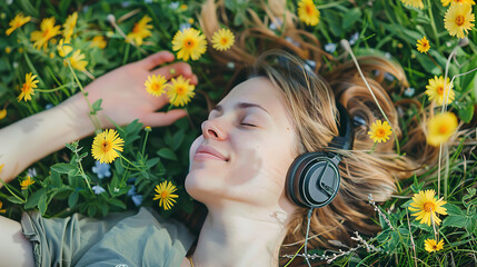 Wall Mural - A woman lying on the grass, listening to music with headphones in an open field full of yellow flowers