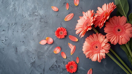 Wall Mural - Coral flat lay greeting card template with beautiful gerbera flowers