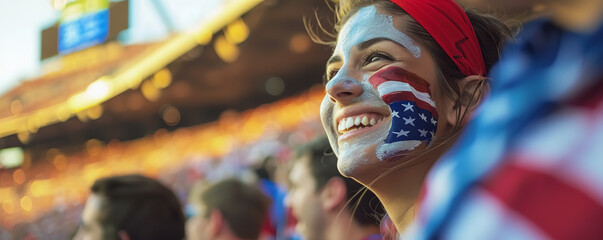 happy USA soccer female fan its face painted as USA National Flag in the rough style only on her left cheek, in soccer stadium watching a USA national soccer team game with other soccer fans 