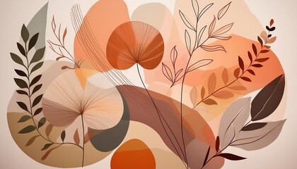 Sticker - abstract minimalistic scandinavian botanical art with warm color tones a delicate composition of floral and foliage elements intertwined with abstract warm colored shapes and subtle brushstrokes