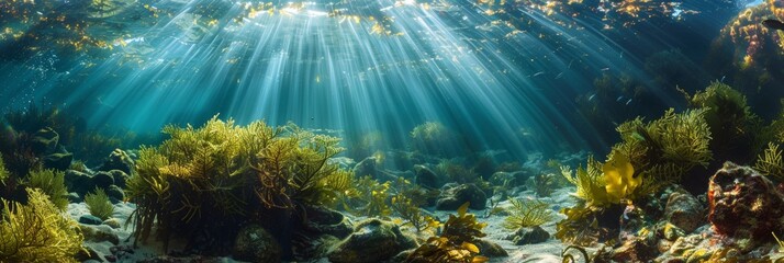 Poster - Lush underwater kelp forest lit by radiant sunbeams penetrating the clear water.