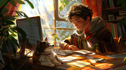 A person seated at a desk, accompanied by a cat