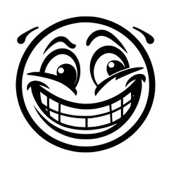 A crazy and funny smiley face in black and white, perfect for emotional expression illustrations, cartoons, humorous designs, and versatile creative projects