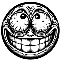 A crazy and funny smiley face in black and white, perfect for emotional expression illustrations, cartoons, humorous designs, and versatile creative projects