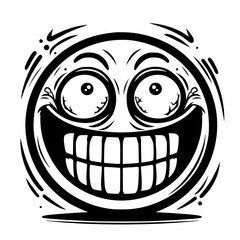 A crazy and funny smiley face in black and white, perfect for emotional expression illustrations, cartoons, humorous designs, and versatile creative projects