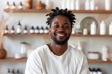 An African American man advocating for natural skincare, blending his cultural heritage with modern science to create effective and sustainable cosmetic products that cater to diverse skin needs.