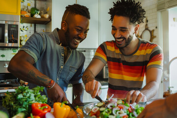 Wall Mural - Two guys, one African American and the other Hispanic, are having fun while making salad together in the kitchen. The scene portrays a concept of gay couples and everyday life at home, as they bond